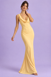 Robe longue asymétrique torsadée jaune | Vue en mouvement | Lounelle Paris