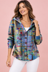 Cardigan blu con cappuccio e stampa floreale