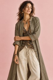Ensemble olive rayé fluide | Vue rapprochée | Lounelle Paris
