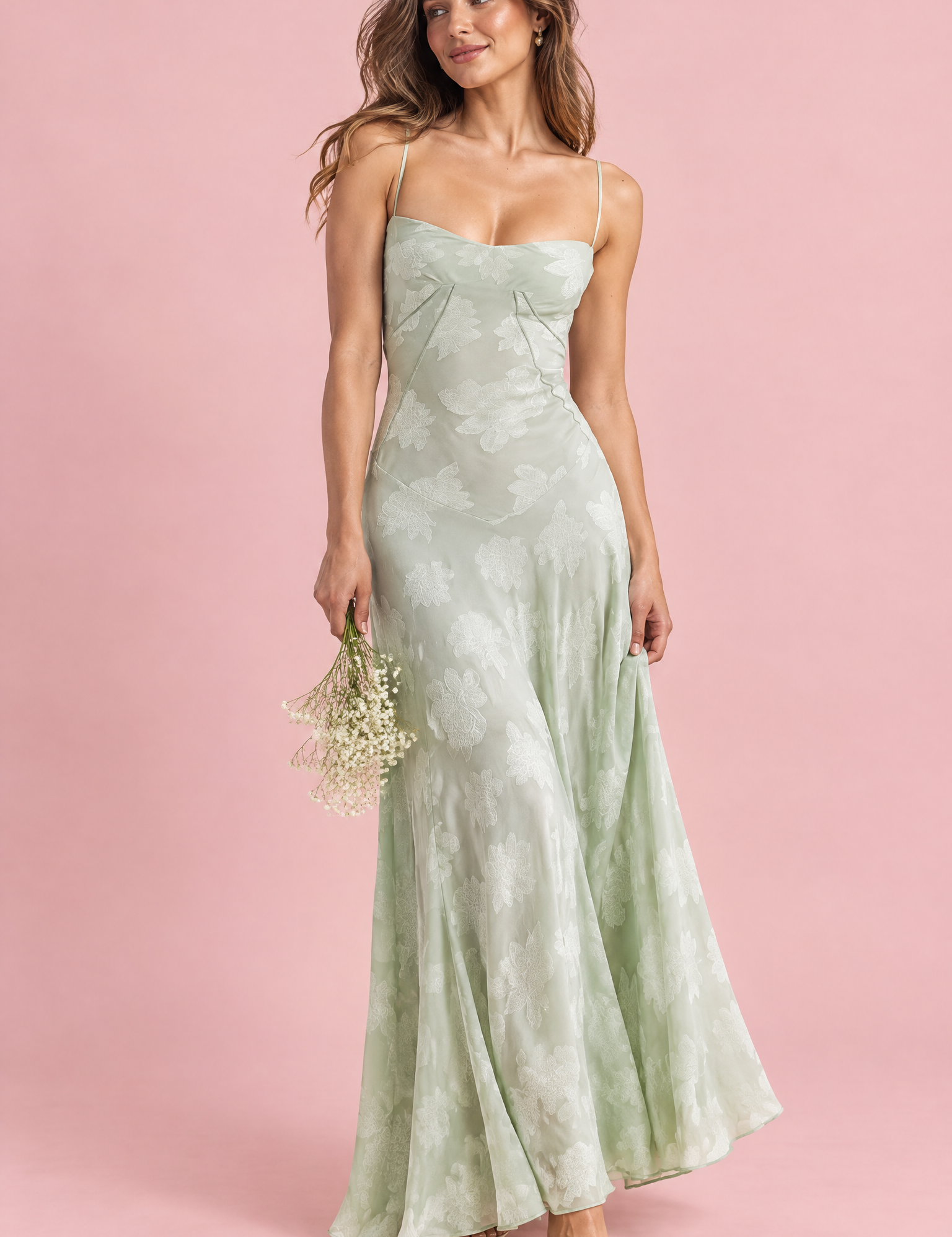 Robe longue fleurie vert clair | Vue de face | Lounelle Paris
