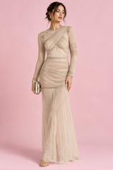 Abito lungo aderente con arricciature beige