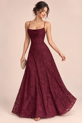 Abito lungo floreale bordeaux con scollo drappeggiato