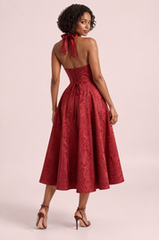 Robe midi bordeaux en dentelle à décolleté plongeant | Vue de dos | Lounelle Paris