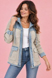 Veste à capuche beige à empiècements | Vue rapprochée | Lounelle Paris