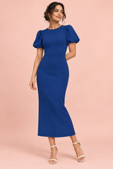 Abito midi blu navy con maniche a sbuffo