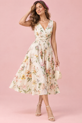 Abito midi verde floreale con stampa floreale a bouquet e scollo quadrato