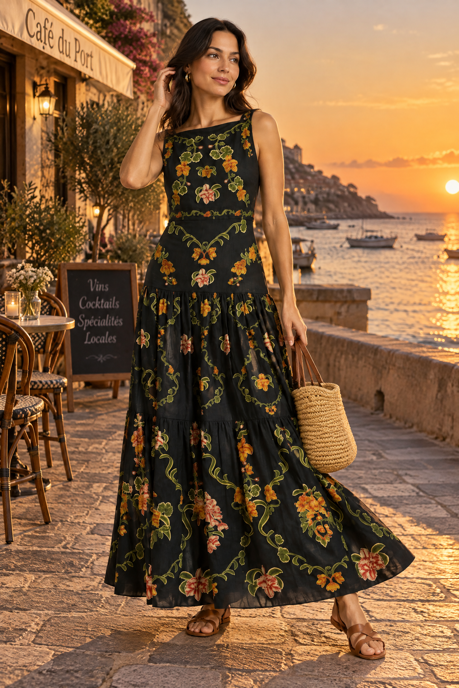 Robe longue noire fleurie à volants | Deuxième photo lifestyle | Lounelle Paris