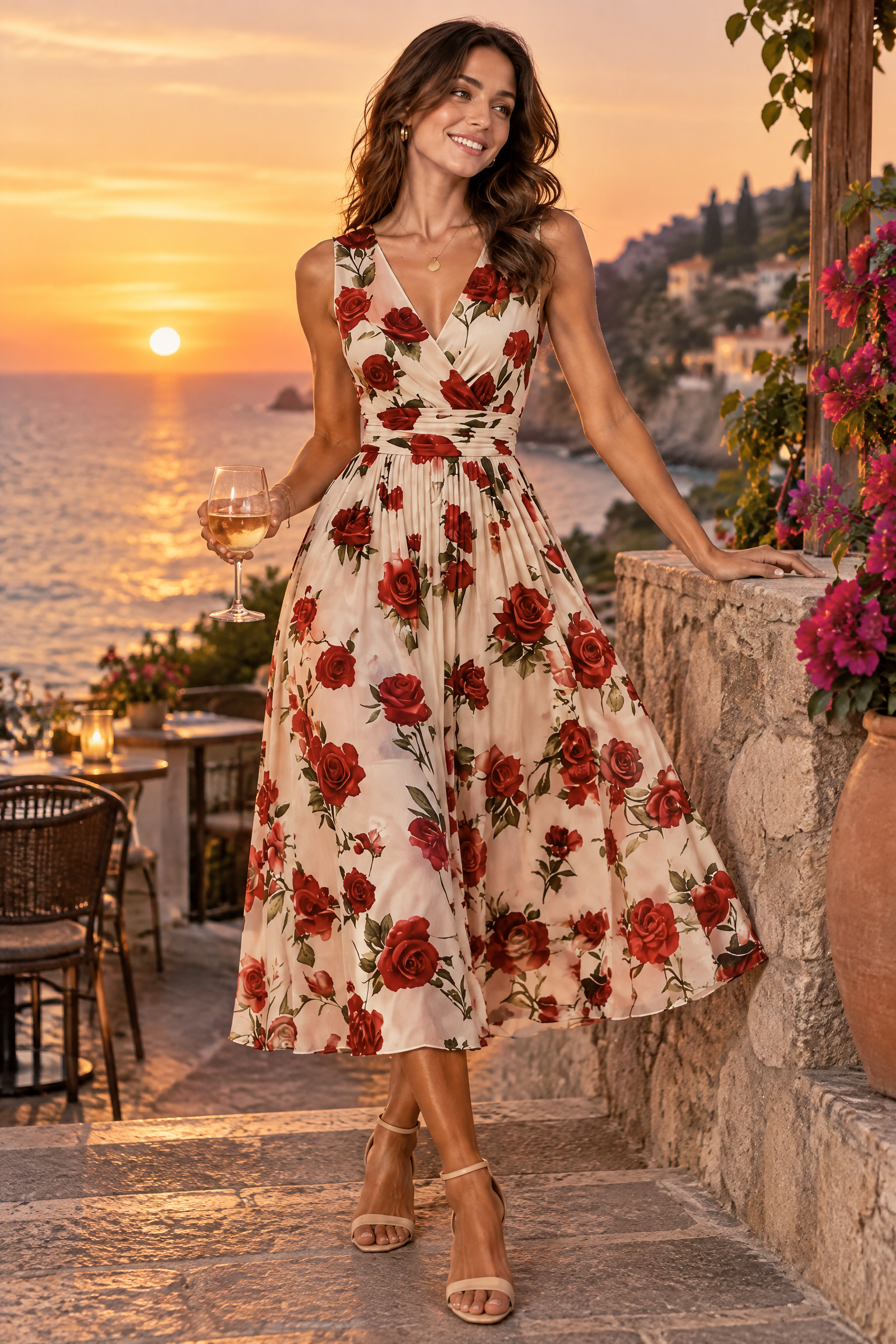 Robe midi rouge à imprimé de bouquets floraux, col carré et coupe trapèze | Deuxième photo lifestyle | Lounelle Paris