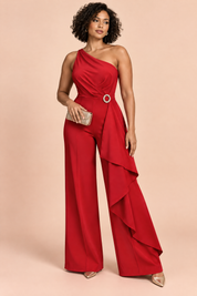 Combinaison pantalon rouge à encolure carrée festonnée | Porté sur une autre silhouette | Lounelle Paris