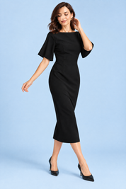 Robe midi noire avec cape amovible | Vue en mouvement | Lounelle Paris