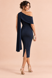 Robe midi bleu foncé à encolure asymétrique avec ceinture | Vue de dos | Lounelle Paris