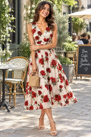 Robe midi rouge à imprimé de bouquets floraux, col carré et coupe trapèze | Photo lifestyle | Lounelle Paris