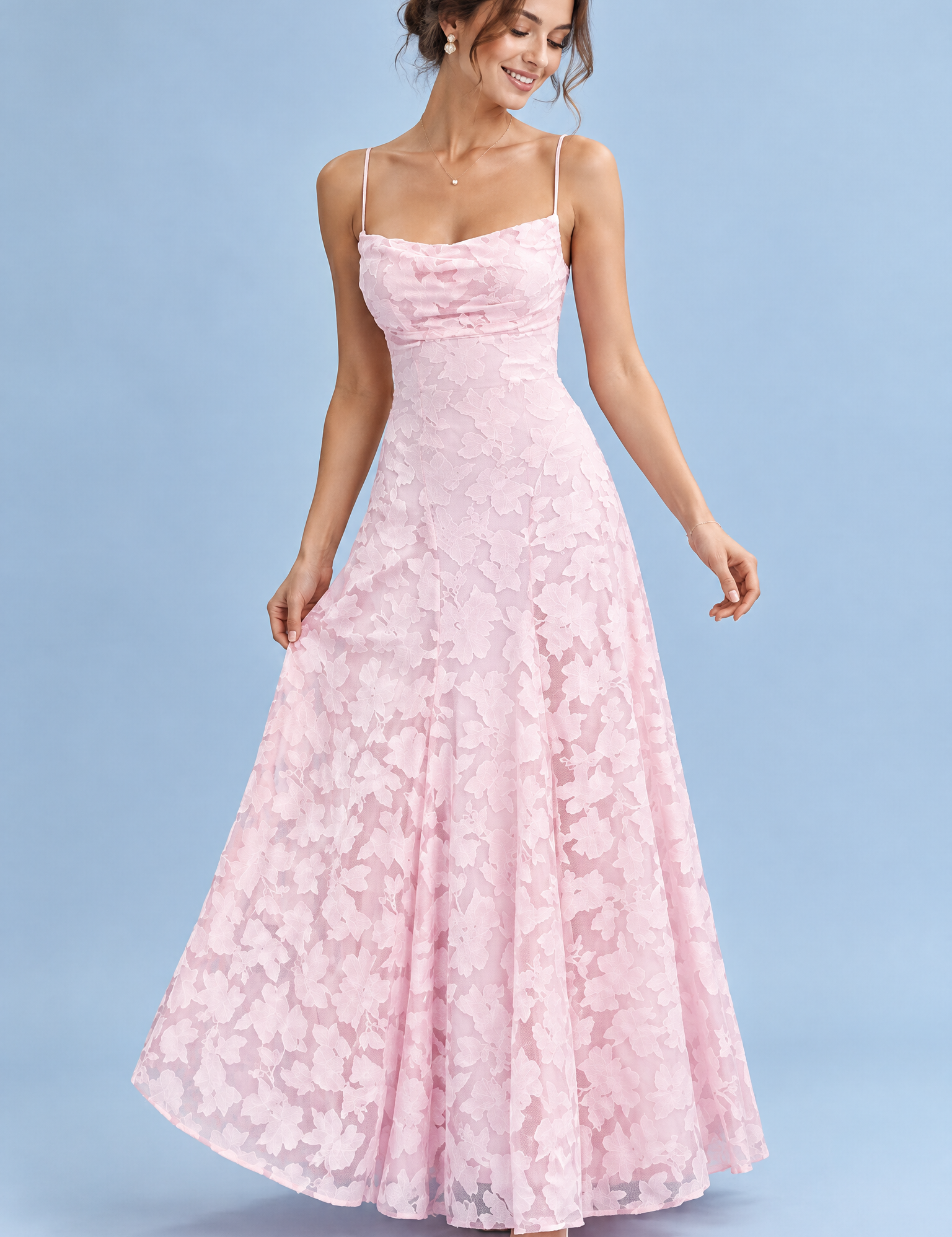 Robe longue fleurie rose à col bénitier | Vue de face | Lounelle Paris