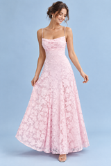 Abito lungo floreale rosa con scollo drappeggiato