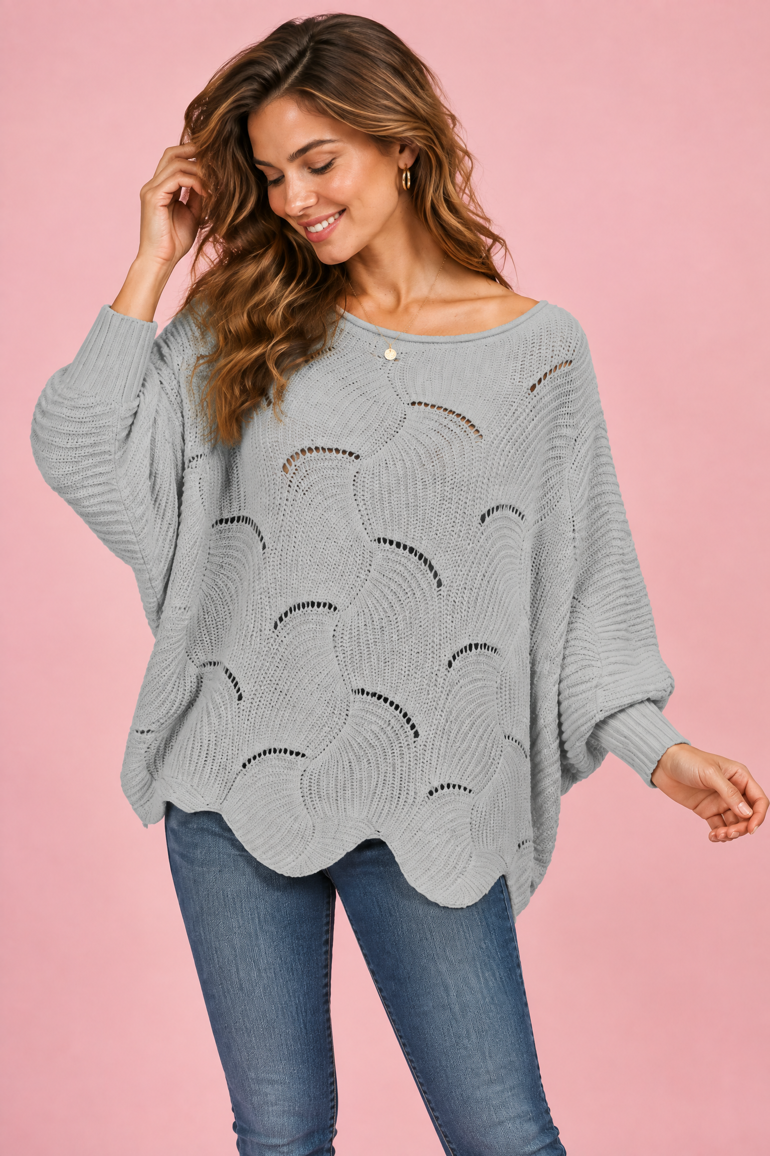 Pull gris oversize ajouré à col bateau | Vue rapprochée | Lounelle Paris