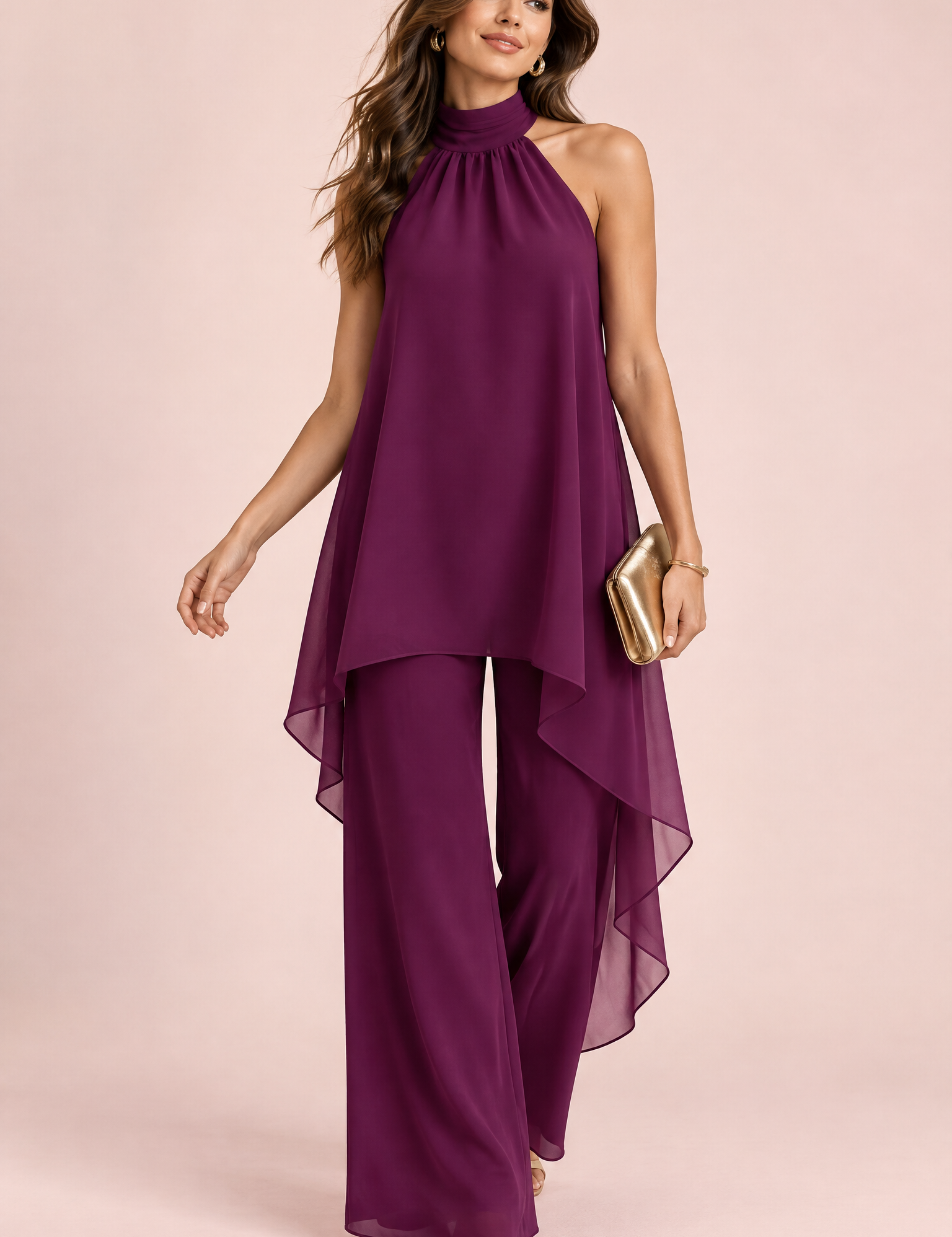 Ensemble pantalon violet en mousseline à col dos nu | Vue de face | Lounelle Paris