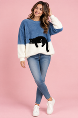 Maglione oversize blu con motivo di gatti