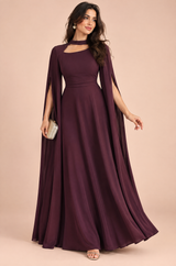 Abito lungo bordeaux con scollo quadrato e maniche a mantella