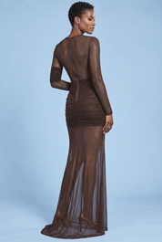 Robe longue moulante marron à fronces | Vue de dos | Lounelle Paris