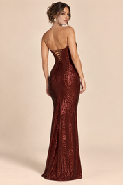 Robe longue à sequins bordeaux, col bénitier | Vue de dos | Lounelle Paris