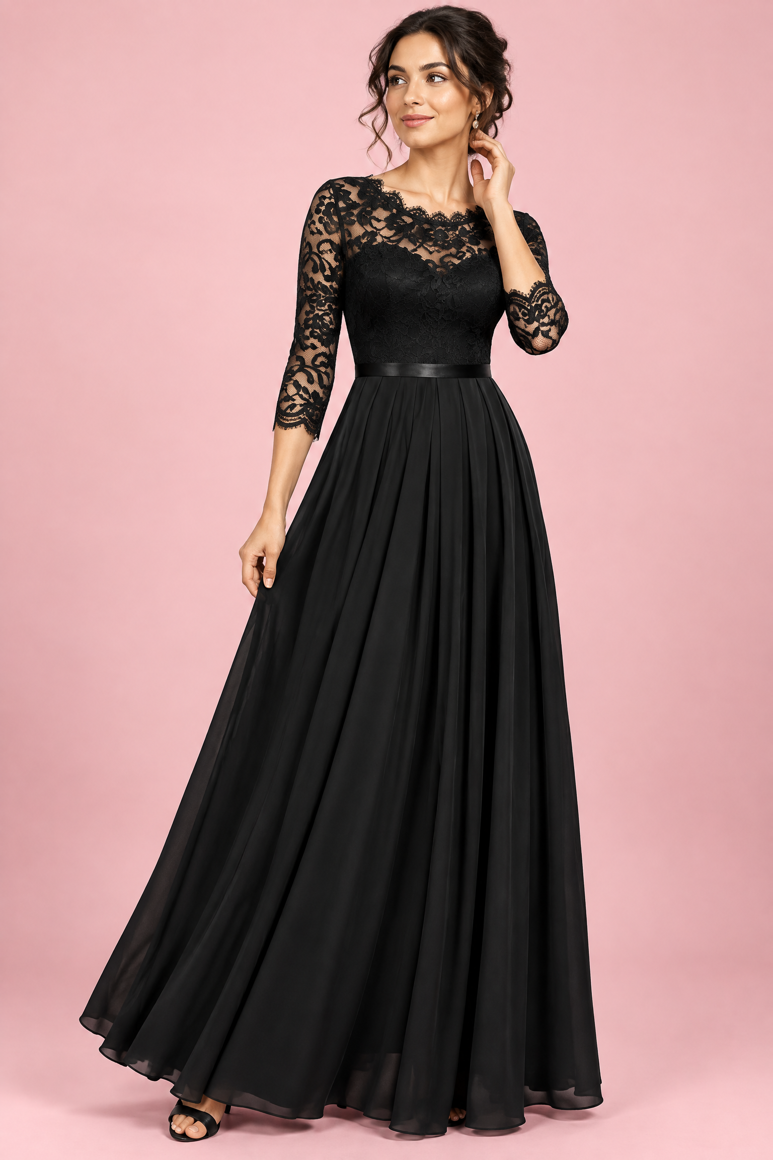 Robe longue noire à empiècement en dentelle | Vue de face | Lounelle Paris