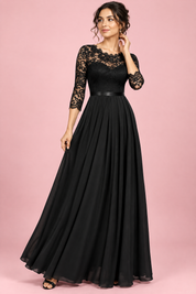 Robe longue noire à empiècement en dentelle | Vue de face | Lounelle Paris