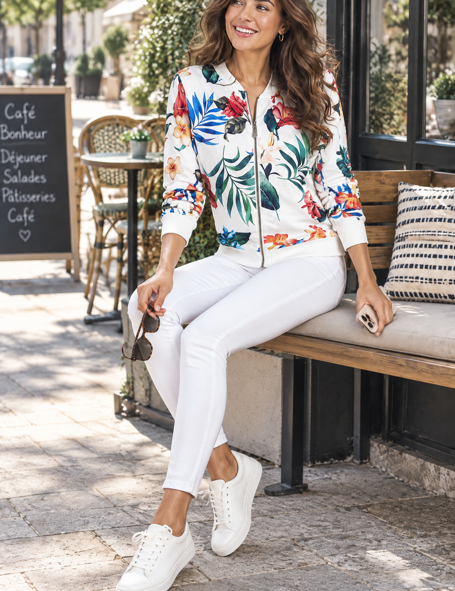 Veste bomber fleurie ajustée blanche | Photo lifestyle | Lounelle Paris