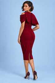Robe midi moulante Berry avec cape drapée — Rouge foncé | Vue de dos | Lounelle Paris