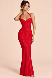 Robe longue corset rouge à dos nu | Vue de face | Lounelle Paris