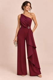 Combinaison pantalon bordeaux à encolure carrée festonnée | Vue de face | Lounelle Paris