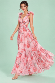 Robe longue rose fleurie à volants | Vue en mouvement | Lounelle Paris