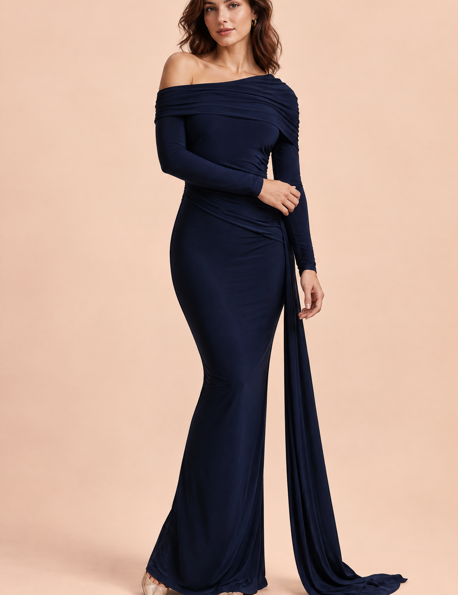 Robe longue bleue asymétrique à fronces et drapé | Vue de face | Lounelle Paris