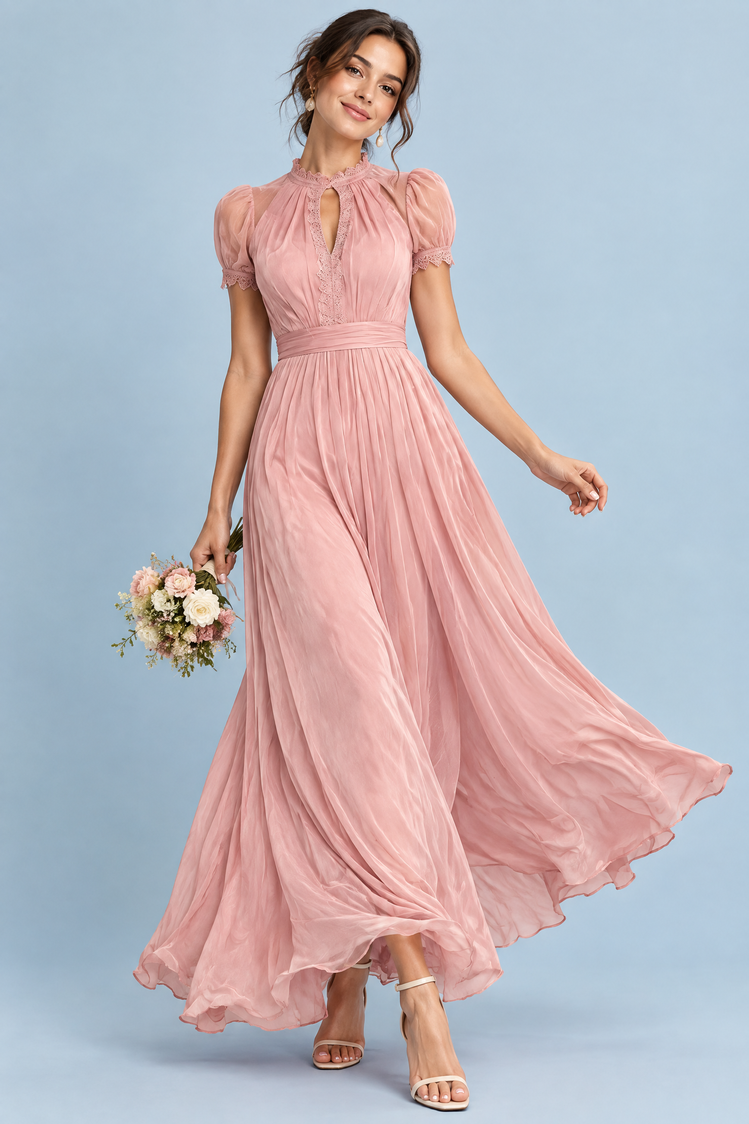 Robe longue plissée rose | Vue de face | Lounelle Paris