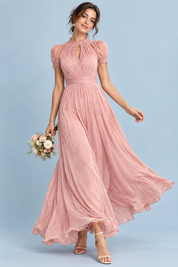 Robe longue plissée rose | Vue de face | Lounelle Paris