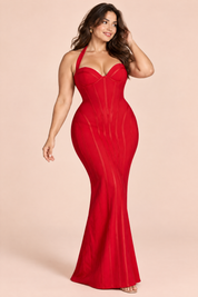 Robe longue corset rouge à dos nu | Porté sur une silhouette plus ronde | Lounelle Paris