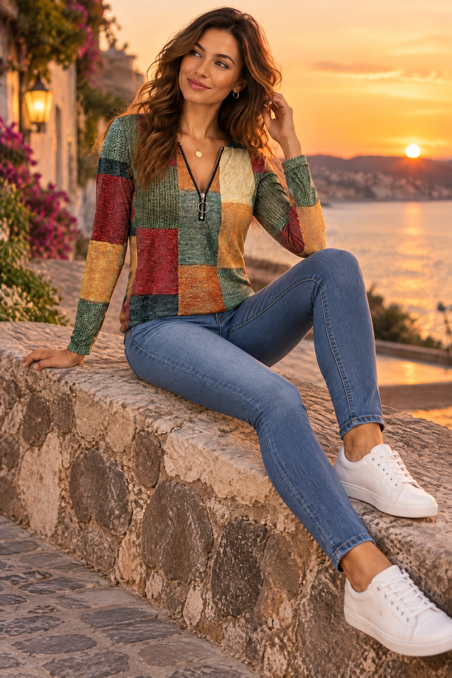 Haut vert zippé à imprimé patchwork | Deuxième photo lifestyle | Lounelle Paris