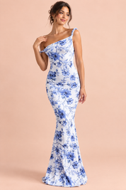 Robe longue asymétrique torsadée bleue | Vue de face | Lounelle Paris