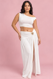 Ensemble blanc deux pièces avec jupe froncée et découpe à la taille | Porté sur une autre silhouette | Lounelle Paris