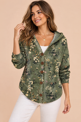 Cardigan verde oliva con cappuccio e bottoni