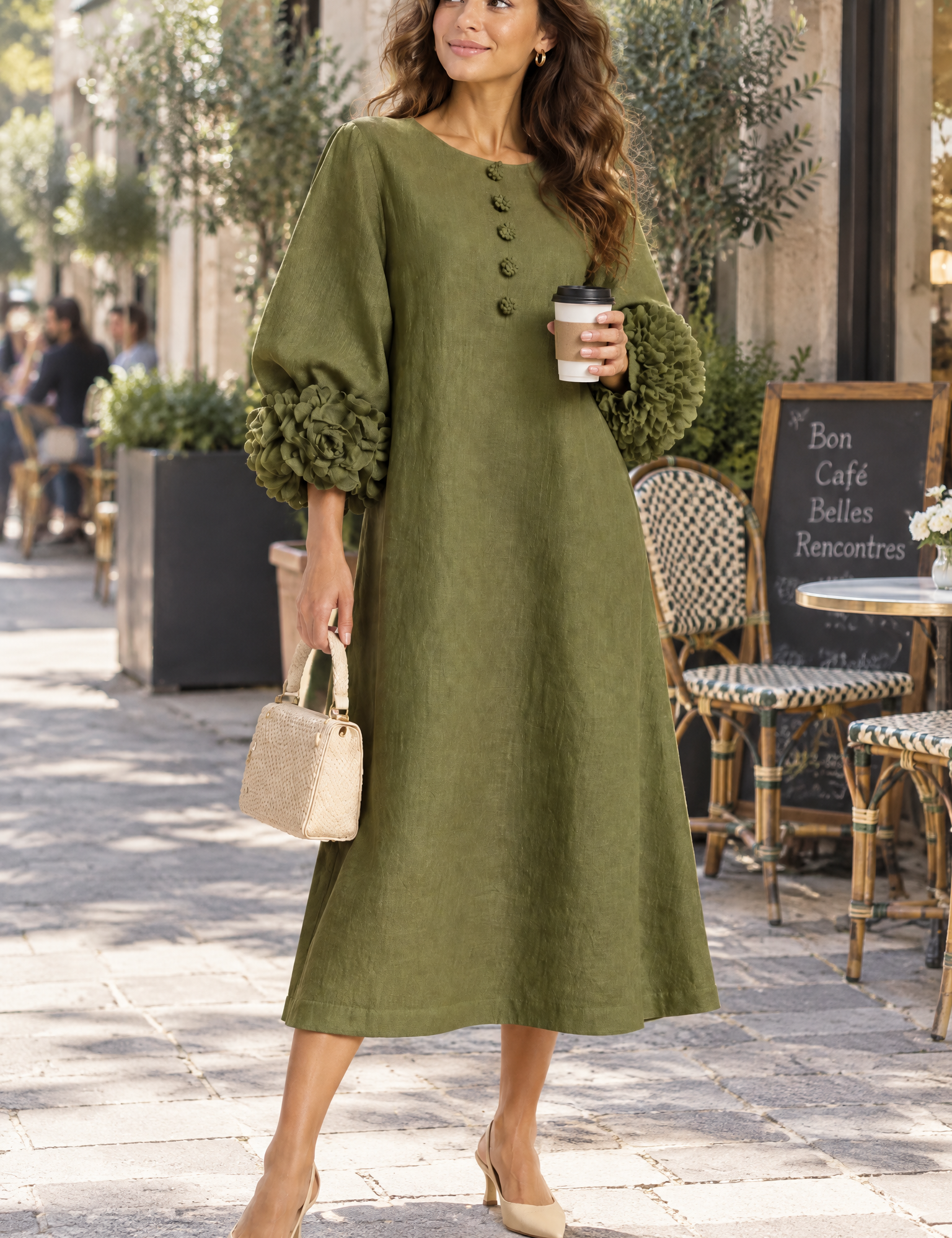 Robe midi vert olive coupe trapèze à manches bouffantes | Photo lifestyle | Lounelle Paris