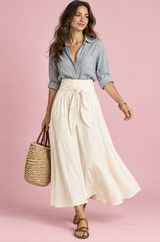 Completo camicia e gonna bianco sporco con cintura da annodare in vita