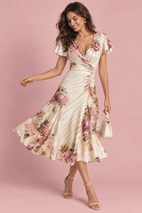 Abito midi avorio a fiori con scollo a V e arricciature