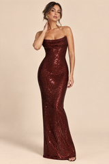Abito lungo con paillettes e scollo drappeggiato bordeaux