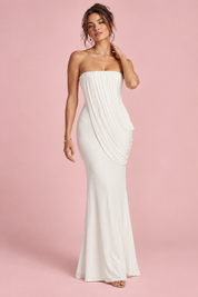 Robe longue blanche à col montant et détails volantés | Vue de face | Lounelle Paris
