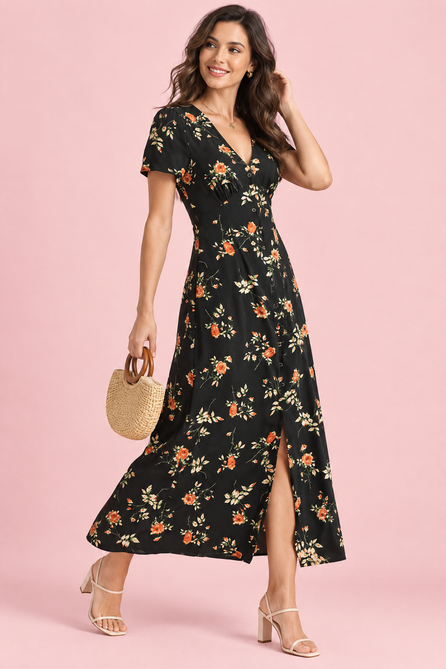 Robe noire évasée à col V | Vue de face | Lounelle Paris