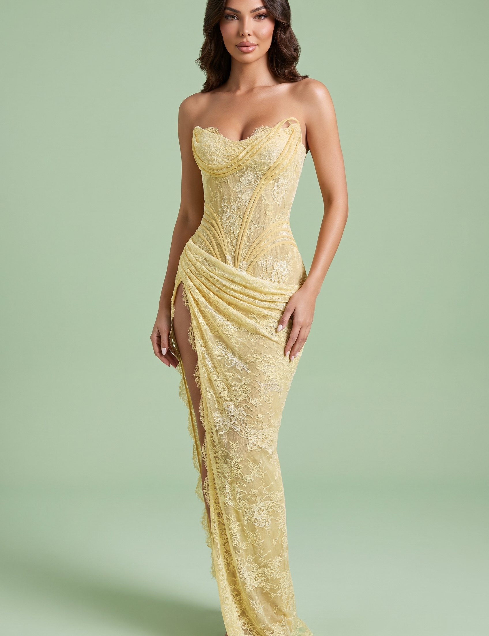 Robe longue bustier en dentelle froncée jaune pâle | Vue de face | Lounelle Paris