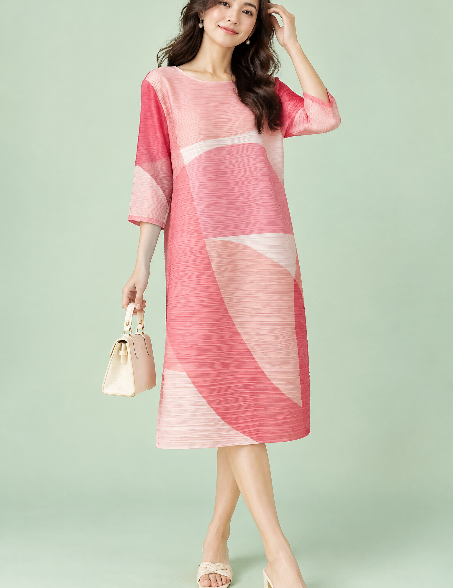 Robe midi trapèze plissée rose | Vue de face | Lounelle Paris