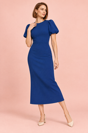 Robe midi bleu marine à manches bouffantes | Vue de dos | Lounelle Paris