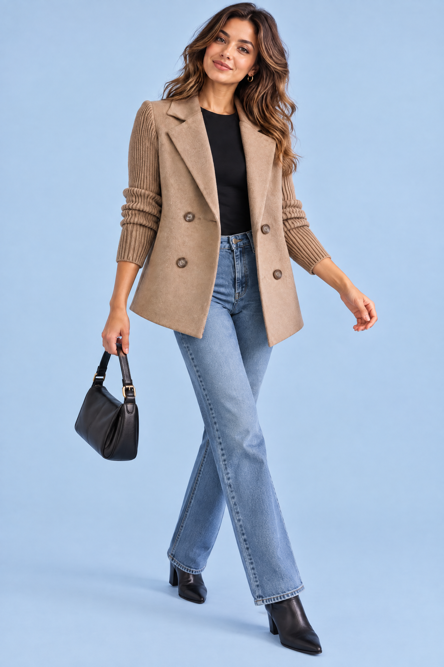 Blazer marron croisé à revers | Vue en mouvement | Lounelle Paris