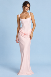Robe longue rose froncée à encolure carrée | Vue de face | Lounelle Paris